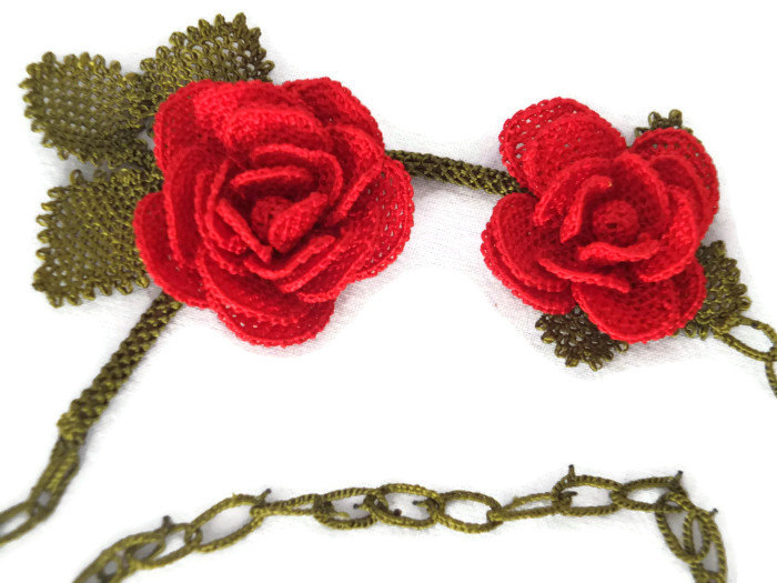 Crochet Red Rose Necklace, Turkish Oya Necklace Needle Lace